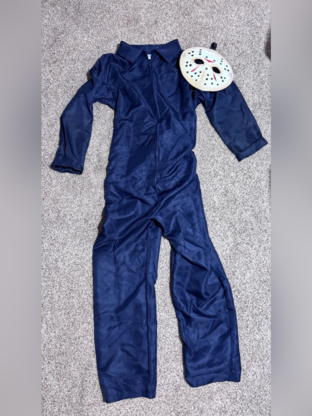 Men or Women’s Horror Slasher Halloween Costume with Hockey Mask & Navy Jumpsuit